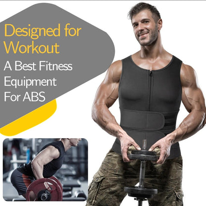 Men's Neoprene Sauna Vest, Suit Zipper Waist Trainer Vest Tank Top Trimmer Body Shaper with Two Belt