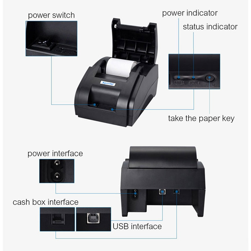 Tiny Office Printer, 58mm Bluetooth Receipt Barcode Bill Printer Thermal Usb Port Mini Desktop & Phone Printer