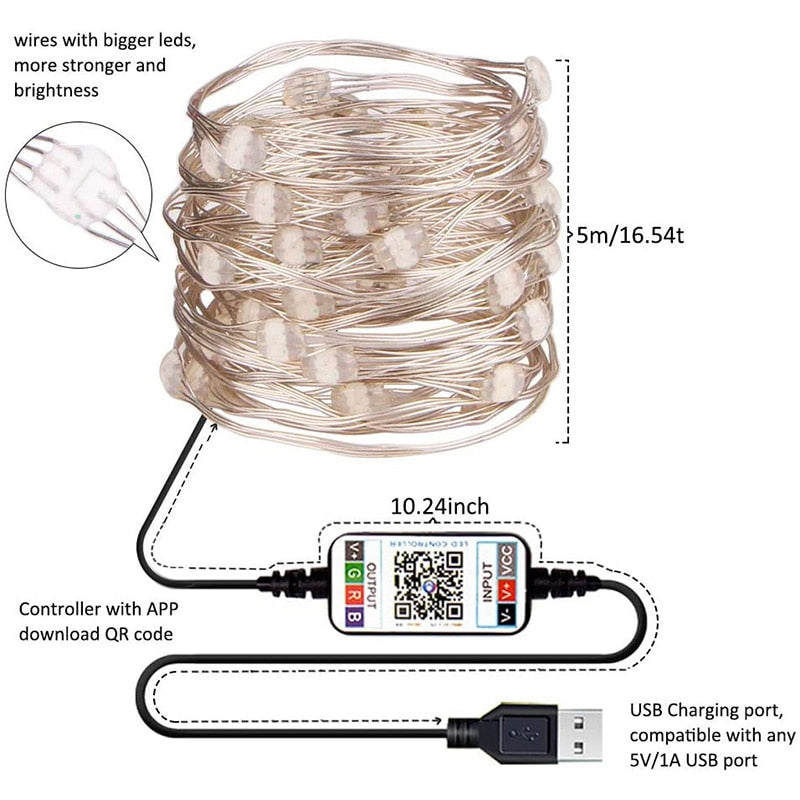 Christmas Tree LED String Lights With Cellphone App Remote Control, Waterproof Xmas Tree Decoration Indoor & Outdoor control Copper Wire