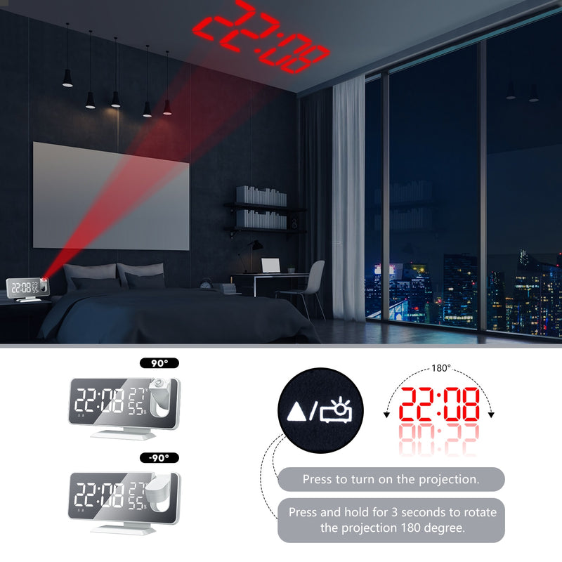 LED Digital Alarm Clock With Projection Display, Usb Charger Bedroom Clock, Large display radio clock