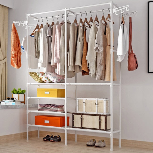 Freestanding Large Closet Rack Garment Shelf Clothes Hanger Coat Rack Floor Hanger Storage Wardrobe Clothing Drying Racks Porte white + black