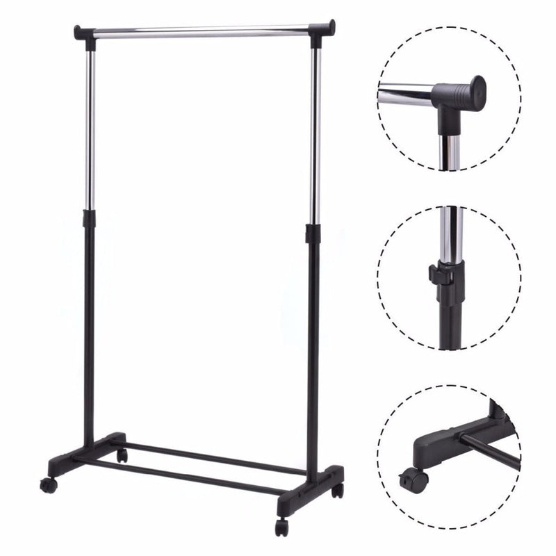 Single Rail Clothing Rack Organizer, Heavy-duty Adjustable Rolling Clothes Hanger Garment