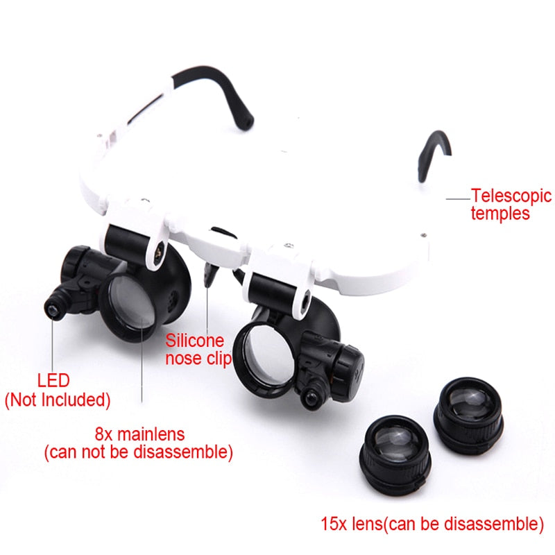 LED Glasses Magnifier 8x 15x 23x, Head-Mounted Illuminating Microscope Headband Repair LED Lamp Light