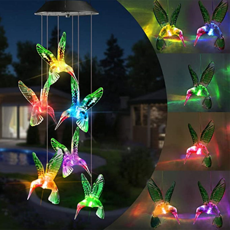 LED Solar Hummingbird Wind Chime, Changing Color Waterproof Six Hummingbird Wind Chimes for Home Party Night Garden Decoration