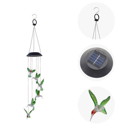 LED Solar Hummingbird Wind Chime, Changing Color Waterproof Six Hummingbird Wind Chimes for Home Party Night Garden Decoration