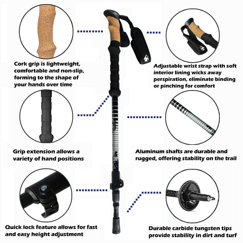 Aluminum Trekking Walking Hiking Stick Poles Adjustable Alpenstock Anti-Shock