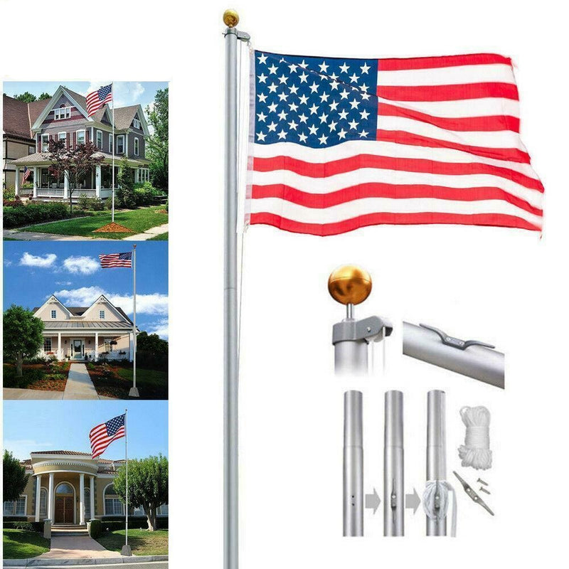 25FT Sectional Aluminum Flagpole With 2 US American Flag Pole Kit For Resedential & Commercial